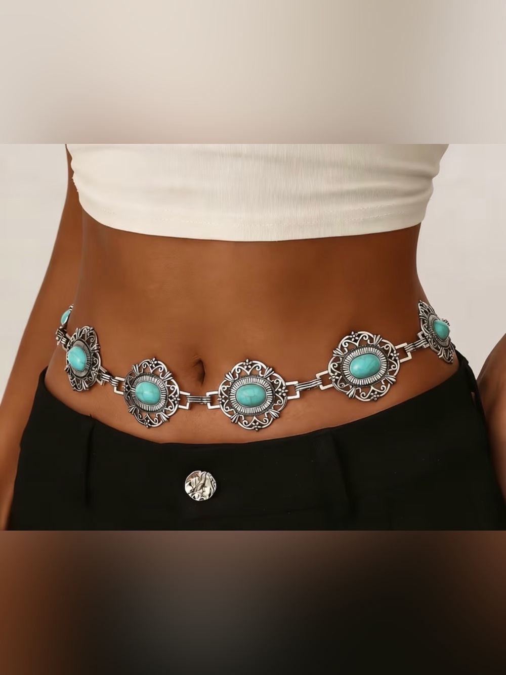 Turquoise Medallion Silver Belt - Women's Waist Chain